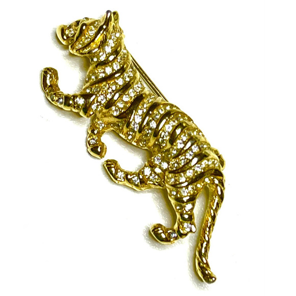 VINTAGE Brooch Clear Rhinestone Tiger Big Cat Vtg Costume Jewelry Pin F024 - Picture 1 of 4
